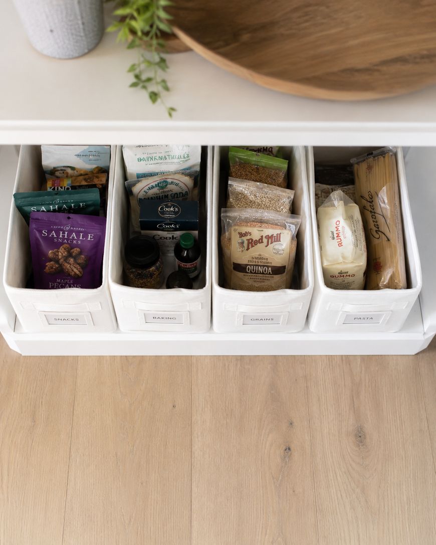 Four white labeled storage bins on a white shelf hold snacks, grains, and pasta. The bins are organized and contain various packaged foods such as nuts, quinoa, and spaghetti. A plant and a tray sit on the shelf above.