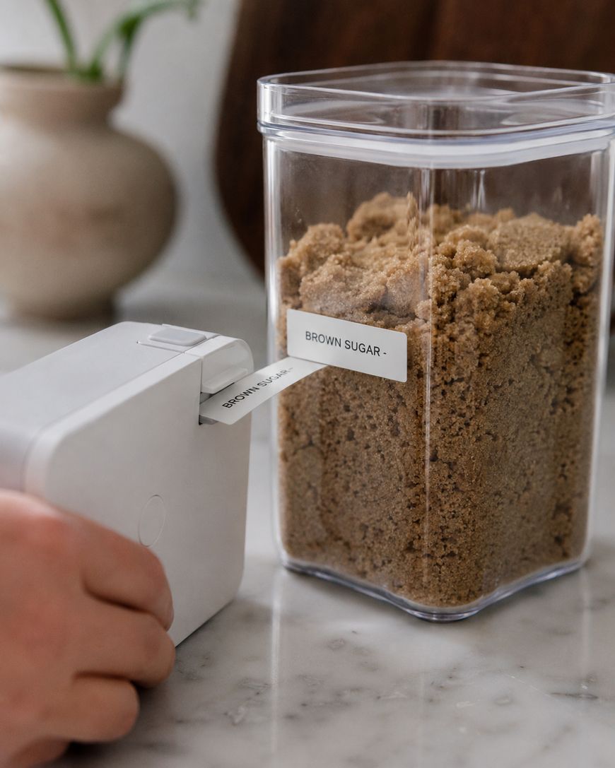 A hand uses a label maker to print and place a BROWN SUGAR label on a clear container filled with brown sugar, sitting on a marble countertop.