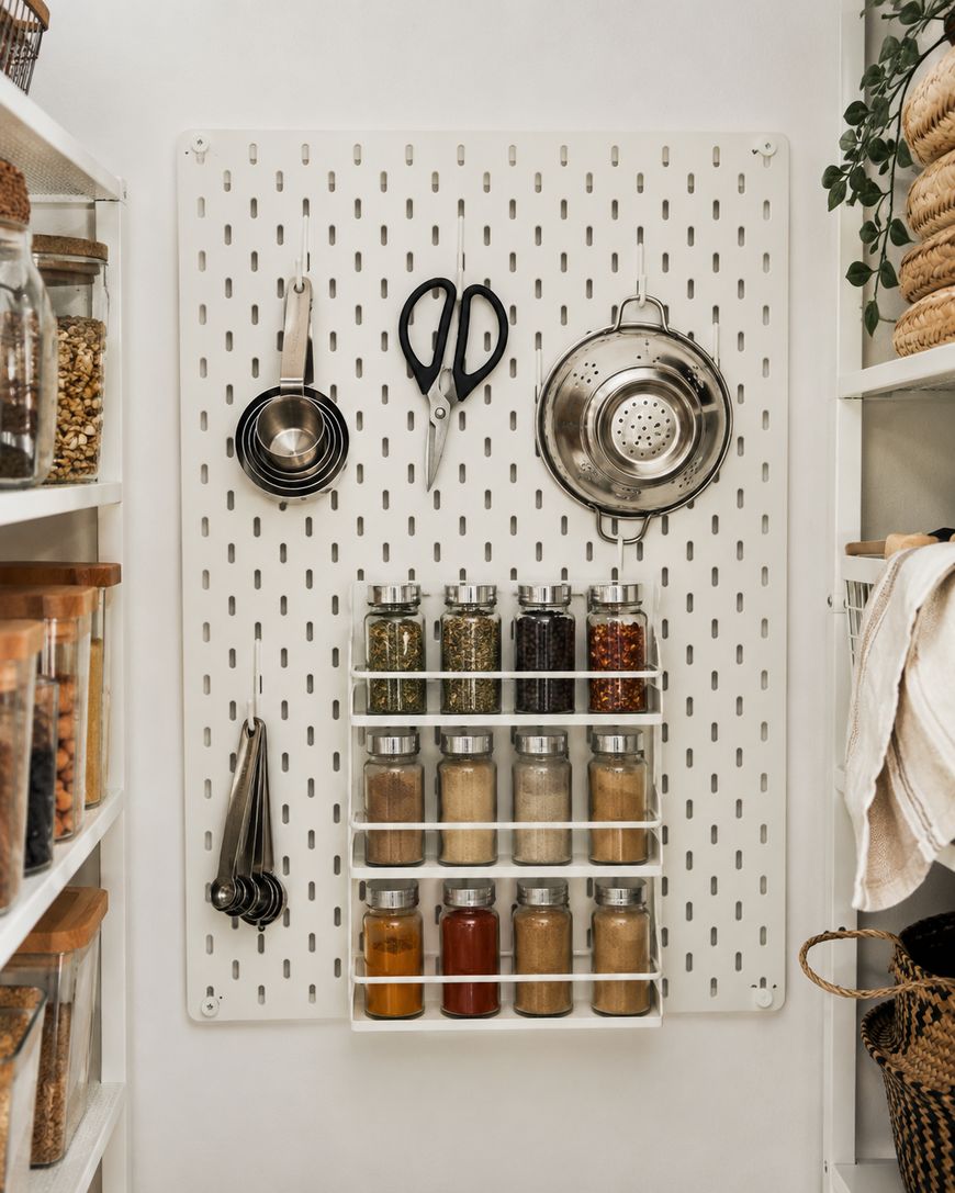 A white pegboard on a kitchen wall holds hanging utensils, scissors, a strainer, measuring spoons, and a rack with spice jars. Shelves with jars and baskets are visible on either side.