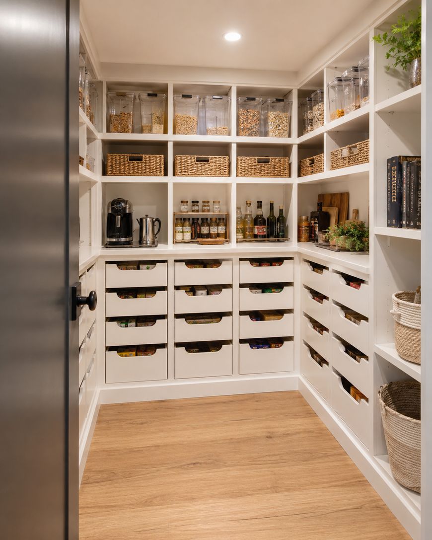 A neatly organized pantry with white shelves, labeled storage containers, baskets, spices, and jars. Wooden floor and overhead lighting create a clean, tidy, and modern space for food and kitchen supplies.