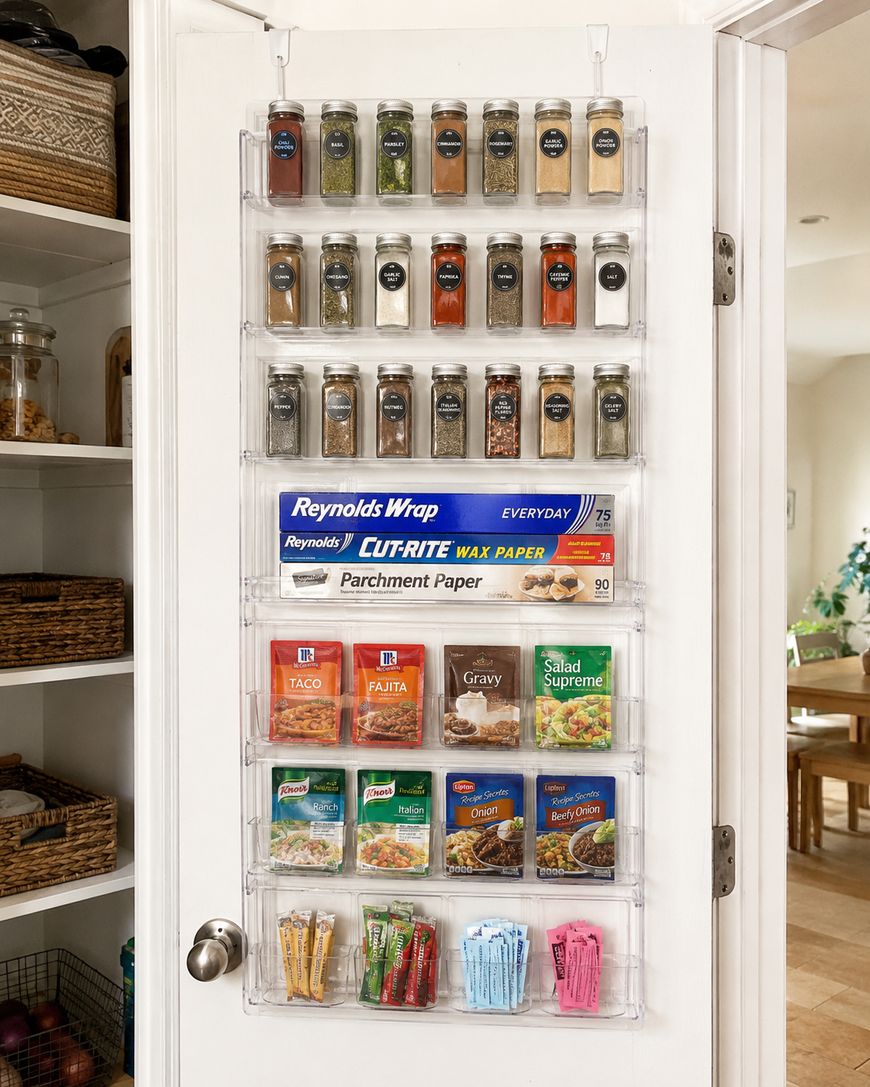 Clear organizer hanging on a pantry door holds spice jars, boxes of foil and parchment paper, seasoning packets, and sauce mixes; shelves are arranged neatly and visibly labeled. The pantry is visible to the left.