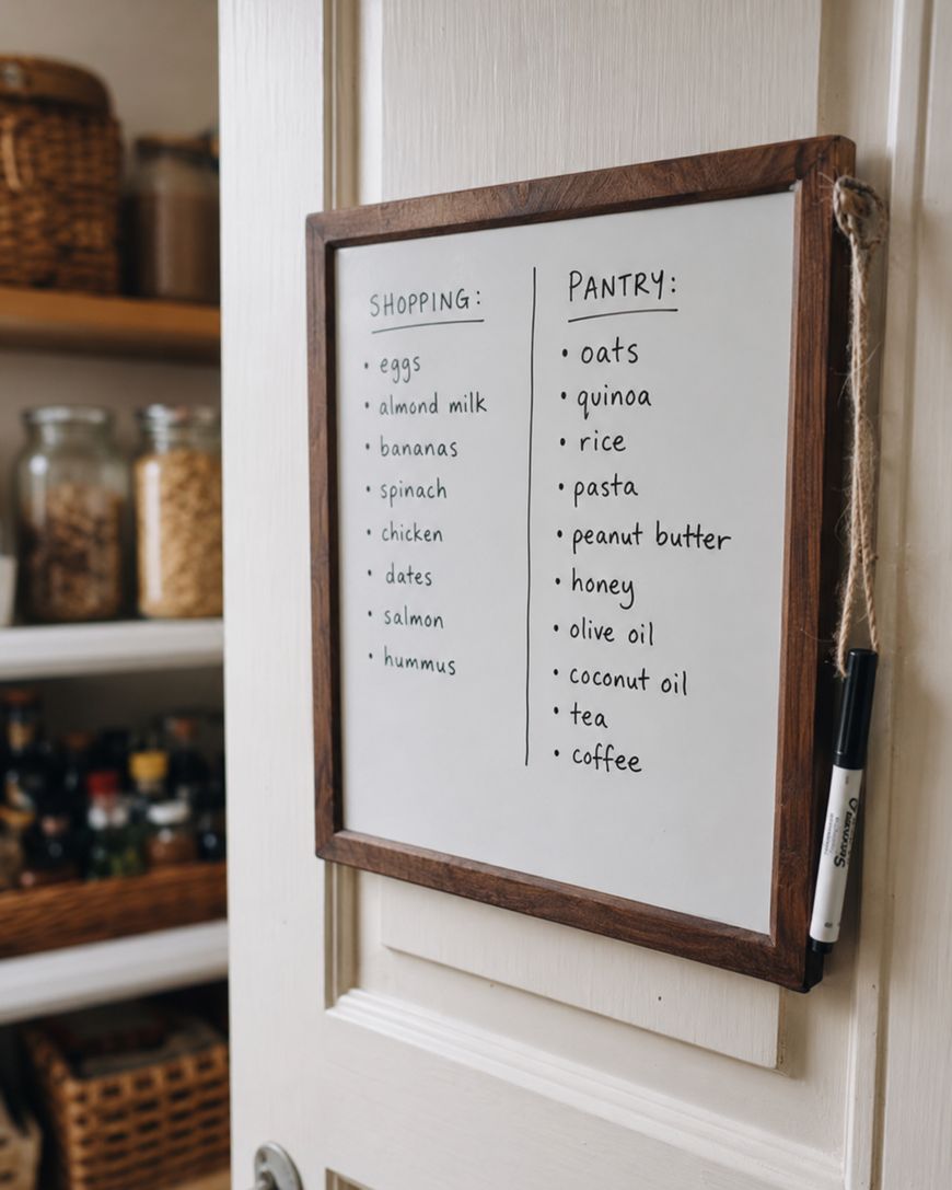 A whiteboard on a pantry door displays two lists titled Shopping and Pantry, with items like eggs, bananas, spinach, salmon, oats, quinoa, pasta, honey, coconut oil, tea, and coffee. Jars and baskets are in the background.