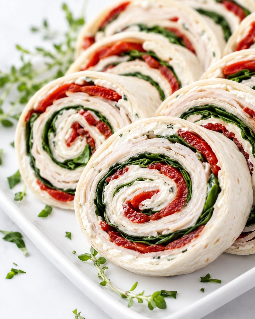 Close-up of tortilla pinwheel sandwiches filled with cream cheese, spinach, and roasted red peppers, neatly arranged on a white plate with fresh herbs scattered around.