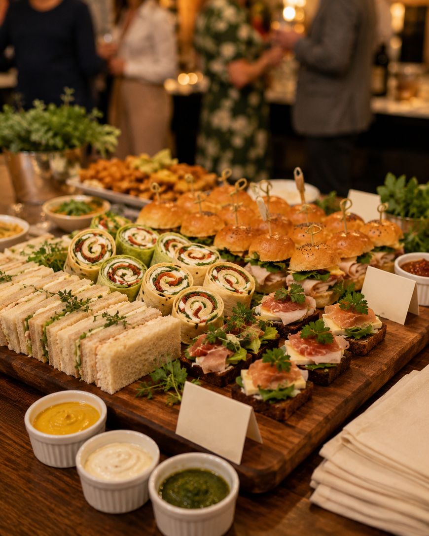 A wooden board filled with assorted finger foods, including sandwiches, pinwheels, sliders, and open-faced bites, with small dishes of dipping sauces in front; people are blurred in the background.