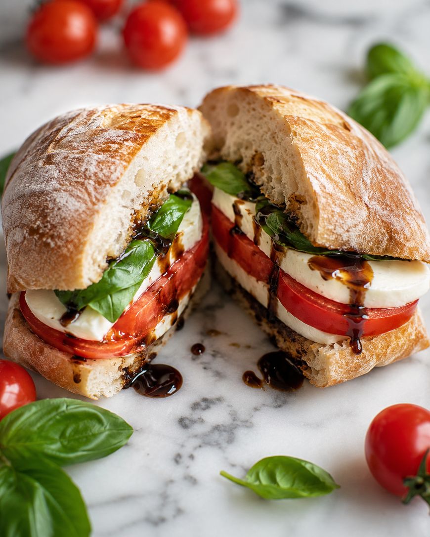 A ciabatta sandwich sliced in half, filled with fresh mozzarella, tomato slices, basil leaves, and drizzled with balsamic glaze. Cherry tomatoes and basil leaves are scattered on a marble surface around the sandwich.