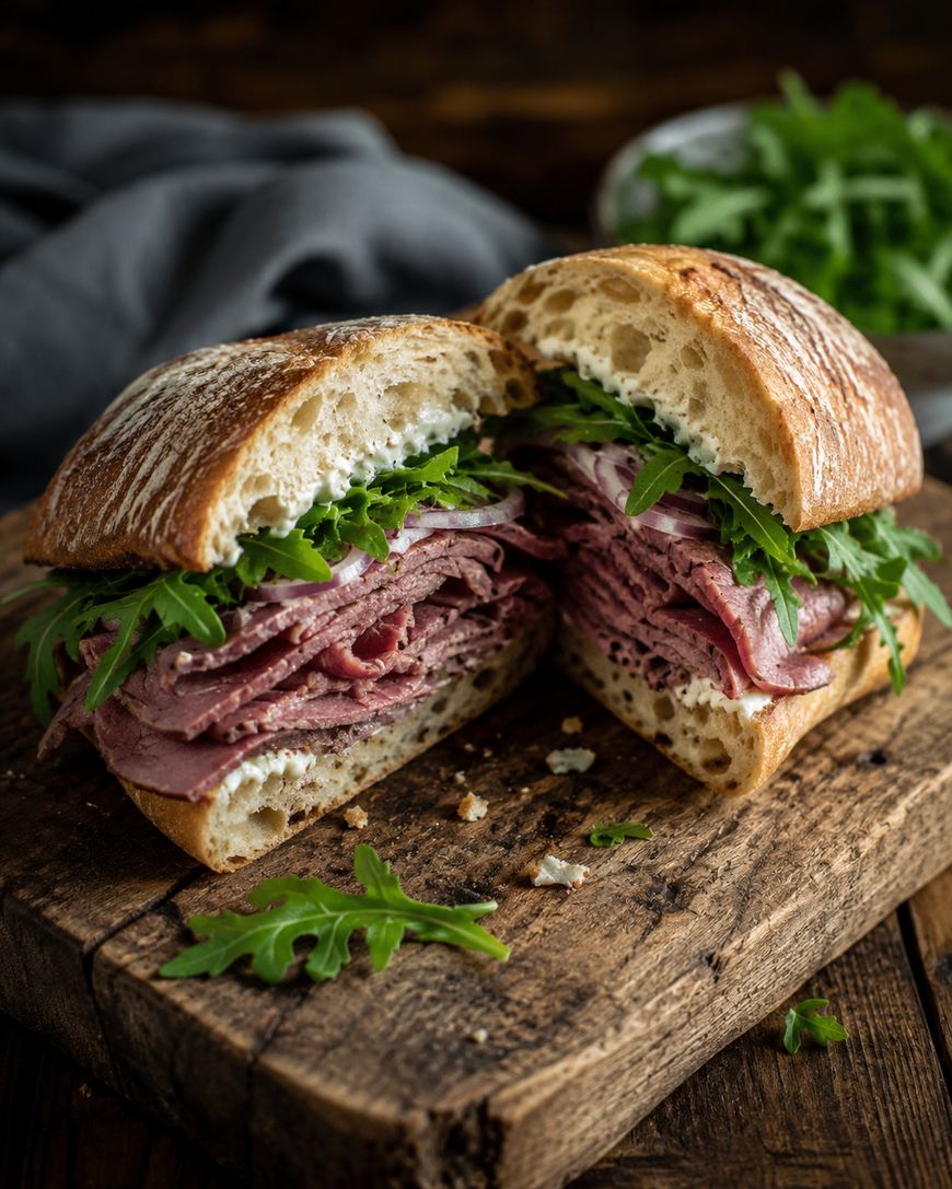 A rustic sandwich filled with layers of roast beef and fresh arugula on crusty bread, sliced in half and placed on a wooden cutting board with loose arugula leaves around it.