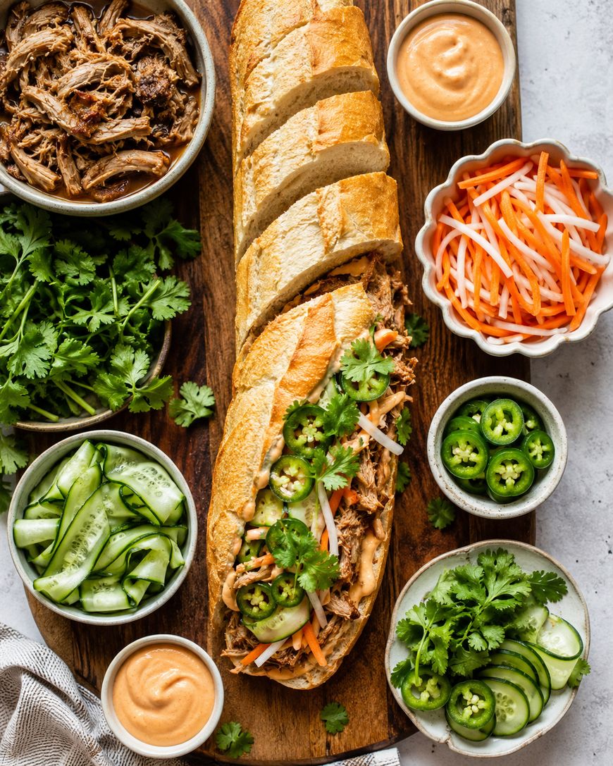 A wooden board displays a sliced baguette sandwich filled with shredded meat, cucumber, pickled carrots and daikon, cilantro, and jalapeños, surrounded by bowls of ingredients and dipping sauce.