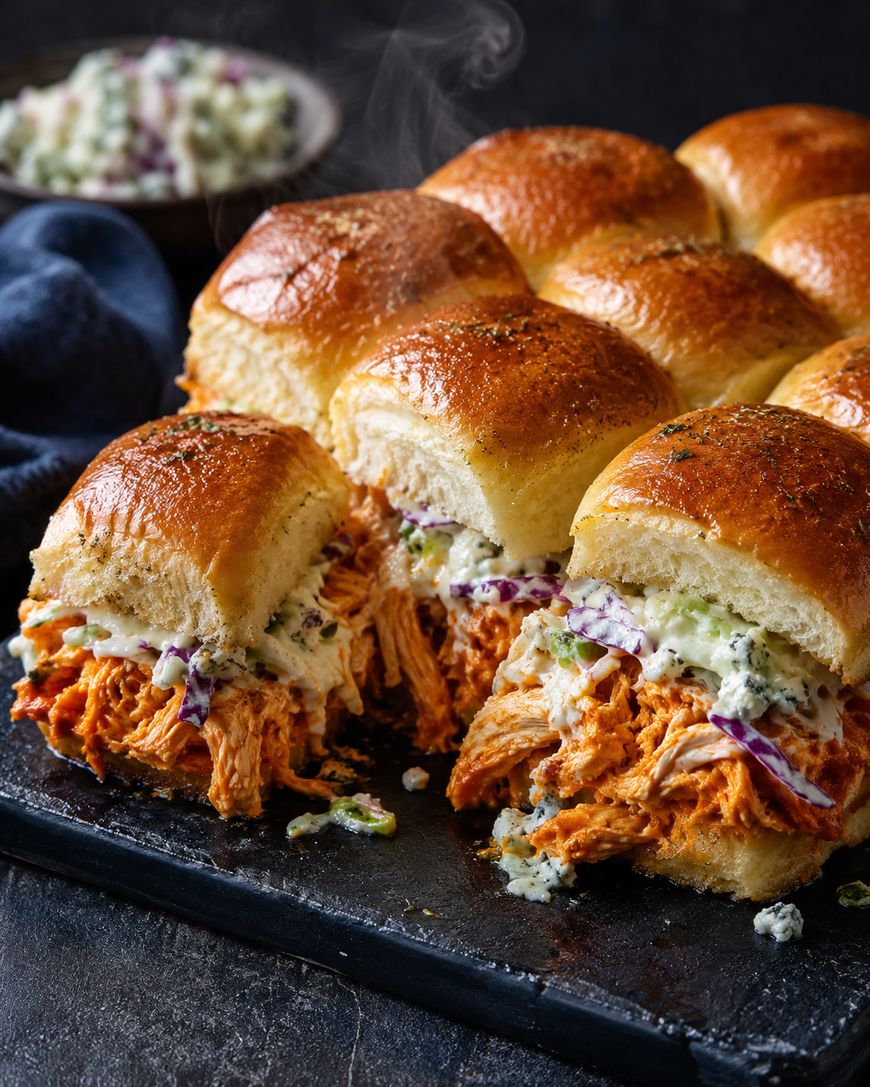A close-up of slider sandwiches filled with shredded buffalo chicken, creamy coleslaw, and sauce, served on a slate platter. The buns are golden brown, and steam is rising from the hot filling. A bowl of slaw is in the background.