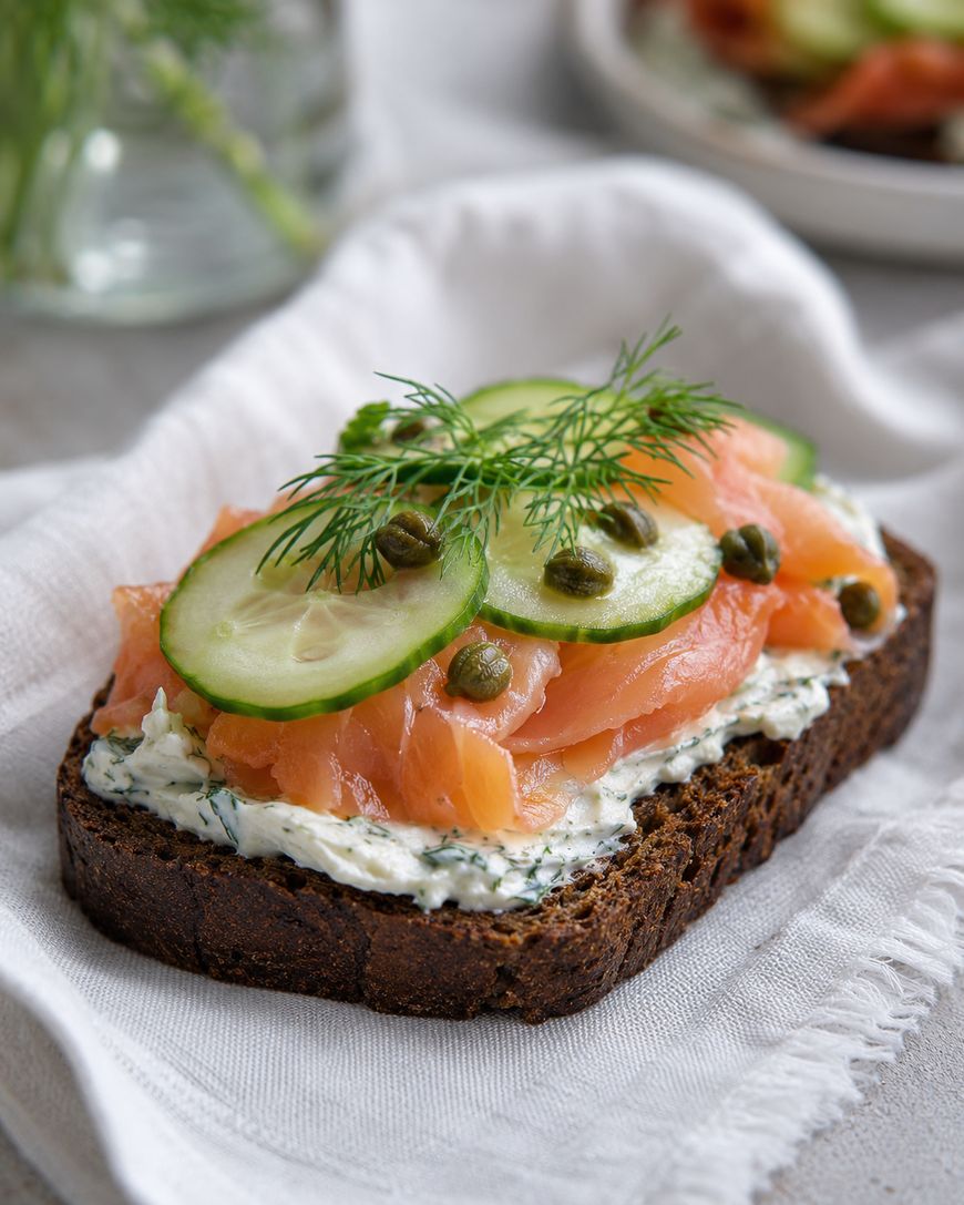 A slice of dark rye bread topped with herbed cream cheese, smoked salmon, cucumber slices, capers, and fresh dill, served on a white cloth.