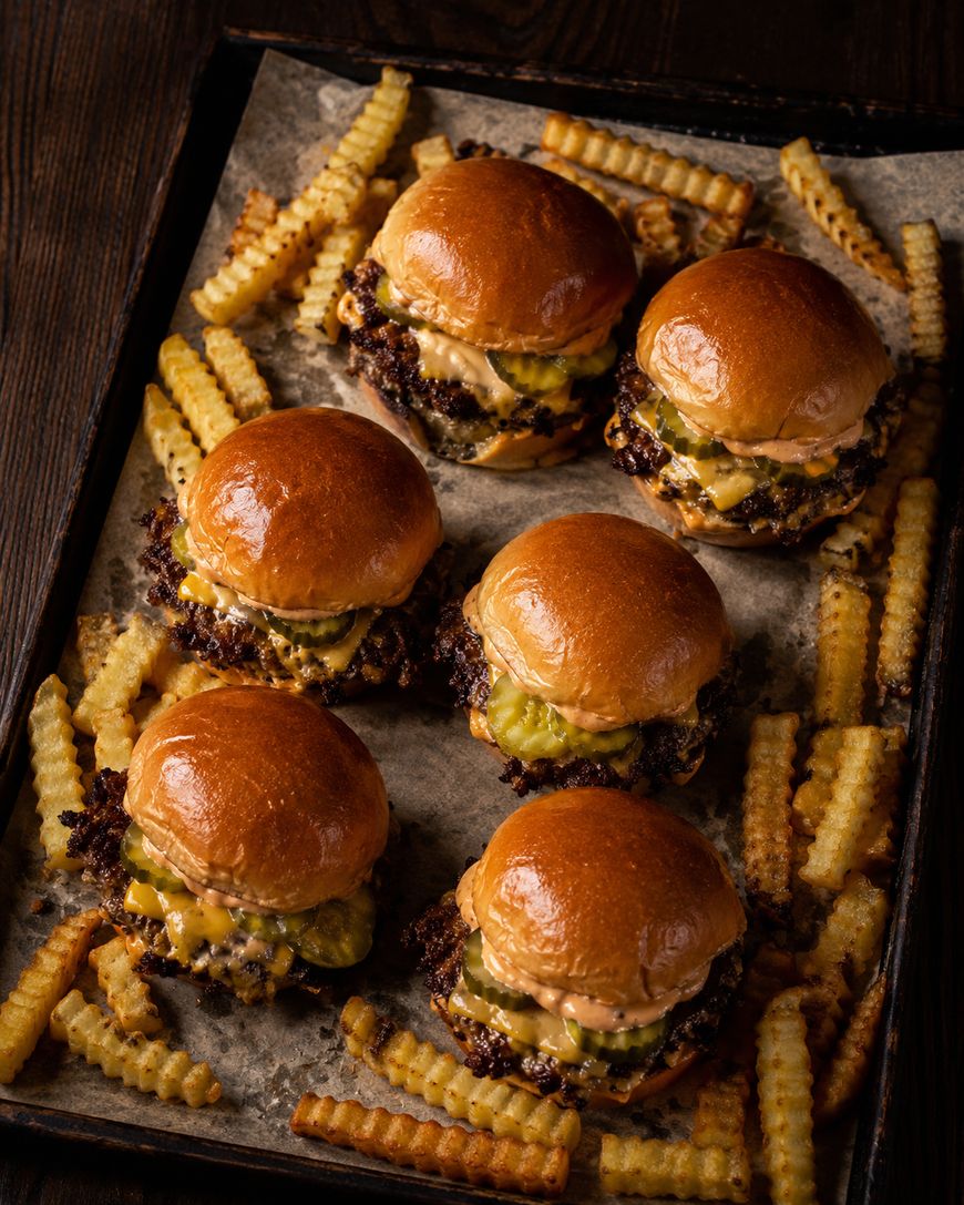 Six cheeseburgers with pickles and sauce on shiny buns are arranged on a baking sheet, surrounded by crinkle-cut French fries.
