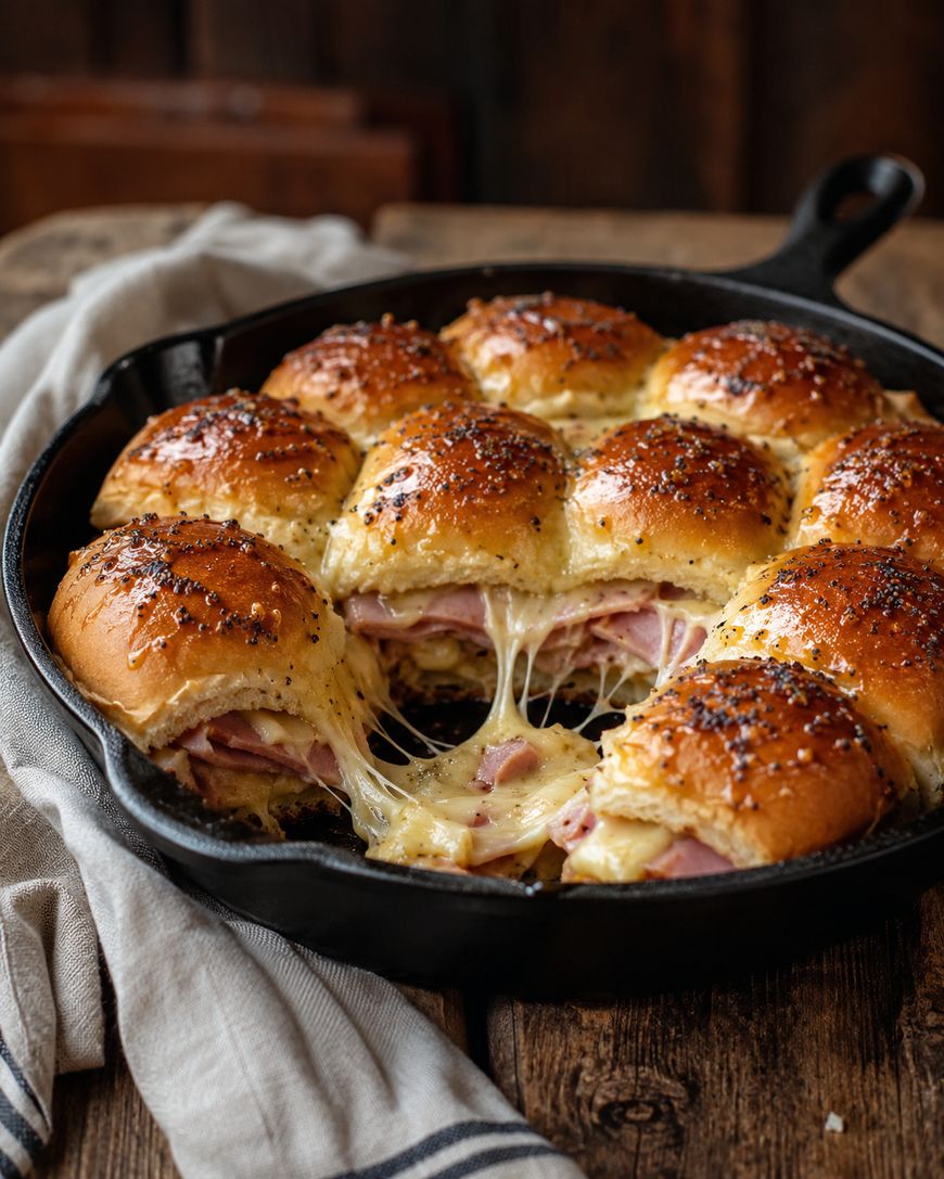 A cast iron skillet filled with baked pull-apart ham and cheese sliders, with golden tops and melted cheese stretching between the rolls. A cloth napkin lies beneath the skillet on a rustic wooden table.