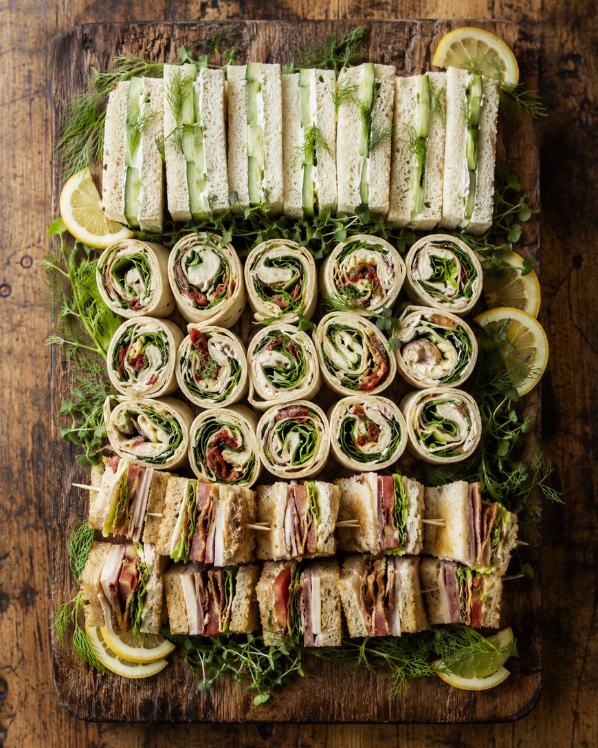 A wooden board holds neatly arranged finger sandwiches, tortilla pinwheels, and club sandwiches, garnished with fresh herbs and lemon slices, on a rustic wooden table.