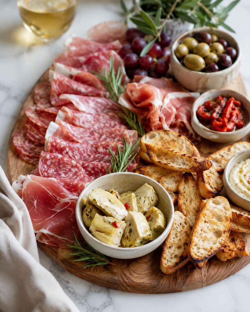 A wooden board with assorted cured meats, grilled bread slices, marinated artichokes, olives, grapes, roasted red peppers, and a dip, garnished with rosemary sprigs and served with a glass of white wine.