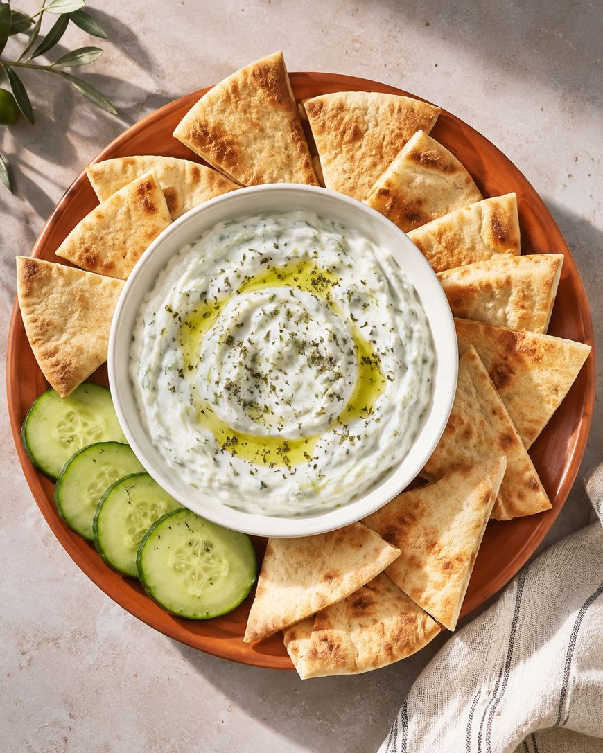 A bowl of tzatziki sauce topped with olive oil and herbs is surrounded by pita wedges and cucumber slices on a brown plate. A striped cloth napkin is nearby.