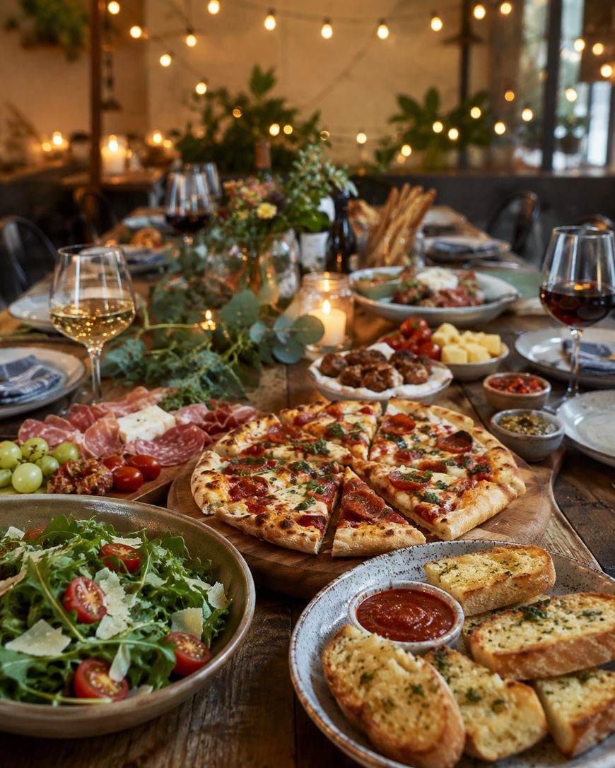 A rustic table set with pizza, garlic bread, salad, charcuterie, grapes, and wine glasses, surrounded by plates, candles, and string lights in a cozy, warmly lit dining area.