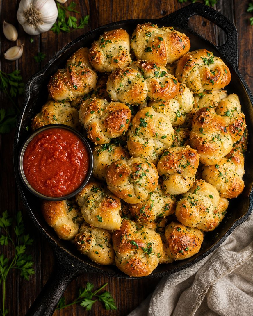 A cast iron skillet filled with golden, freshly baked garlic knots topped with herbs, served with a small bowl of marinara sauce. Fresh garlic cloves and parsley are scattered around the rustic wooden table.