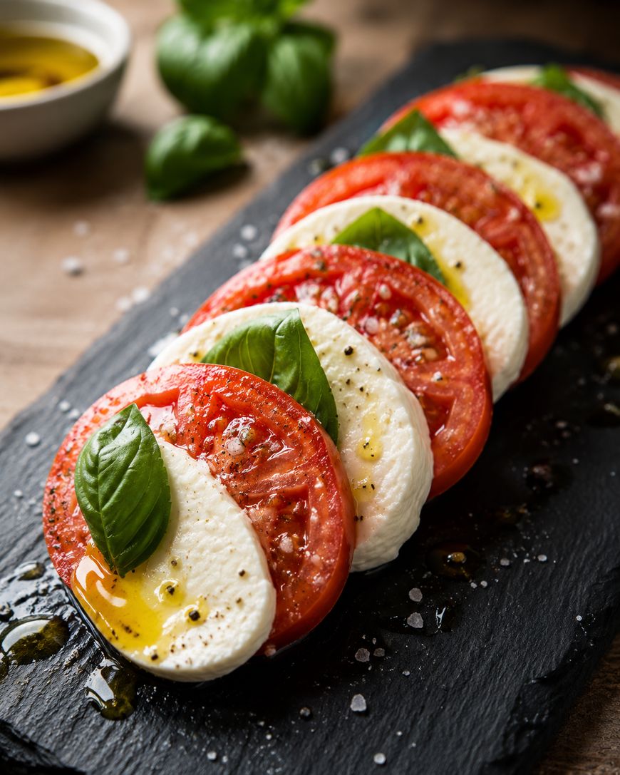 Sliced tomatoes, fresh mozzarella, and basil leaves arranged in a row on a black slate platter, drizzled with olive oil and sprinkled with salt and pepper.