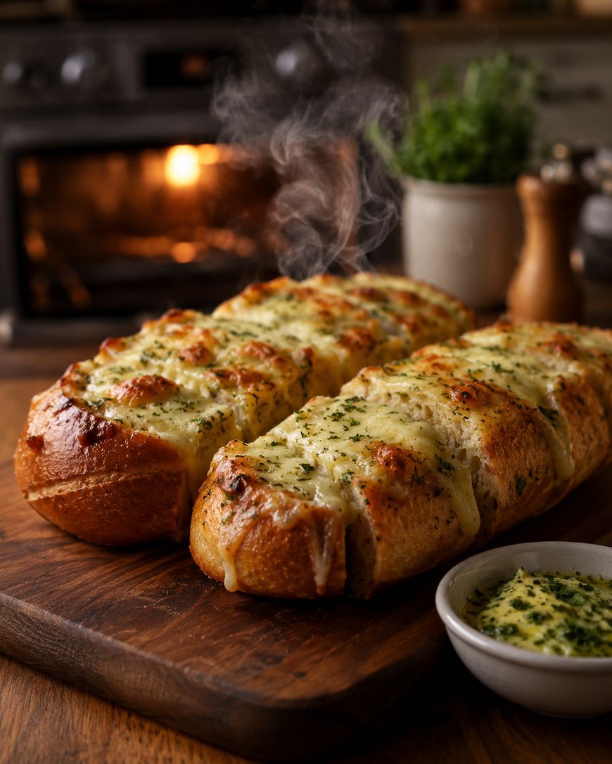 Two loaves of cheesy garlic bread topped with melted cheese and herbs are steaming on a wooden board, with a bowl of herb butter nearby and an oven in the background.