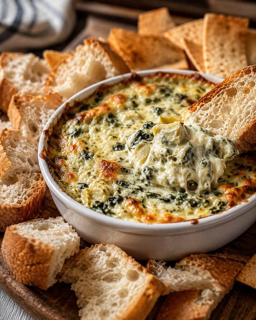 A round dish of creamy spinach artichoke dip topped with melted cheese, surrounded by pieces of sliced bread, with one piece dipped into the hot, cheesy dip.