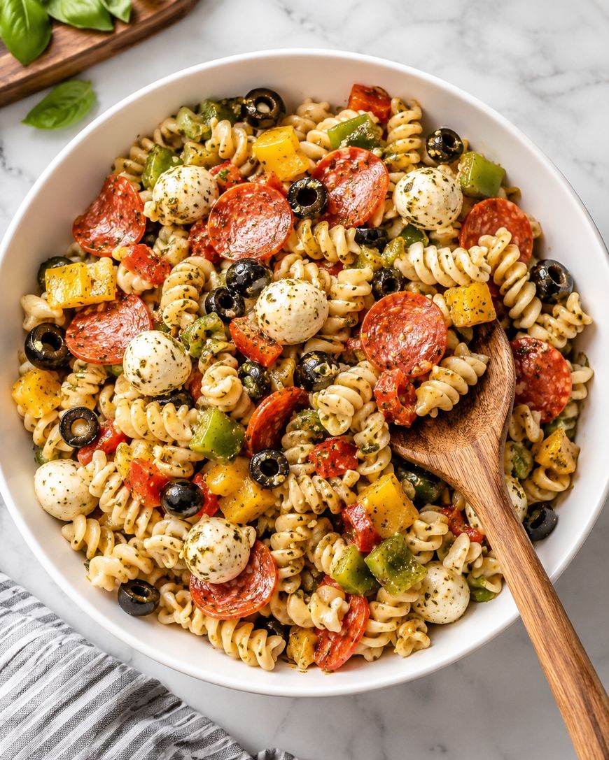 A bowl of rotini pasta salad with pepperoni slices, mozzarella balls, black olives, diced yellow and green bell peppers, and a pesto dressing, served with a wooden spoon on a marble surface.