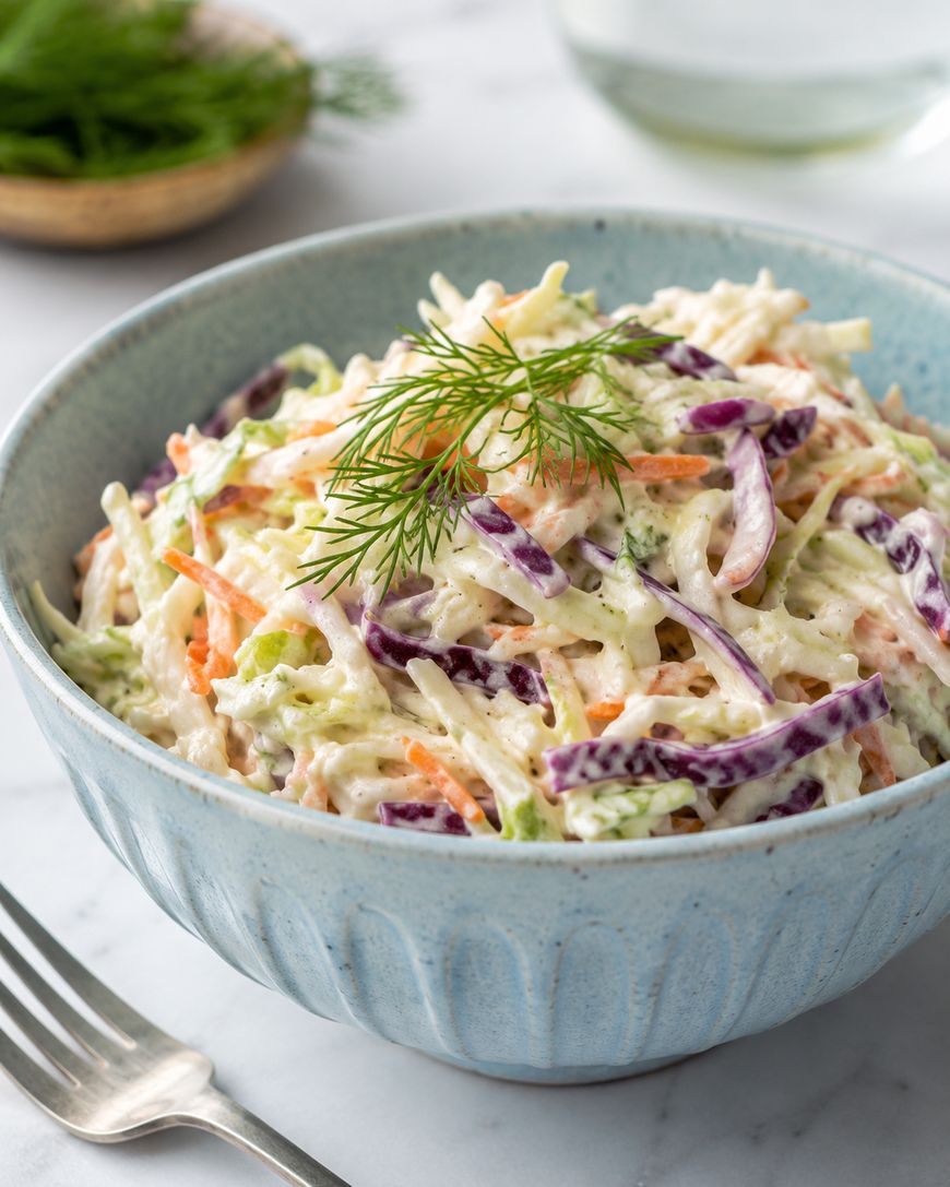 A bowl of creamy coleslaw with shredded green and purple cabbage, carrots, and a sprig of fresh dill on top. A fork and a small plate of herbs are in the background on a white surface.