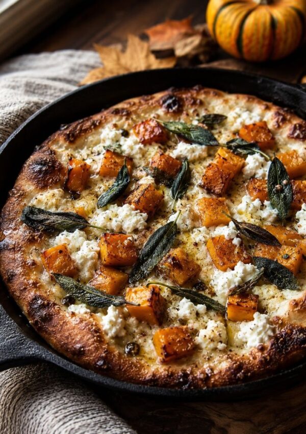 A rustic pizza in a cast iron skillet topped with roasted butternut squash, crumbled cheese, and sage leavesâan irresistible choice for those seeking unique pizza ideas or inventive pizza toppings this autumn.