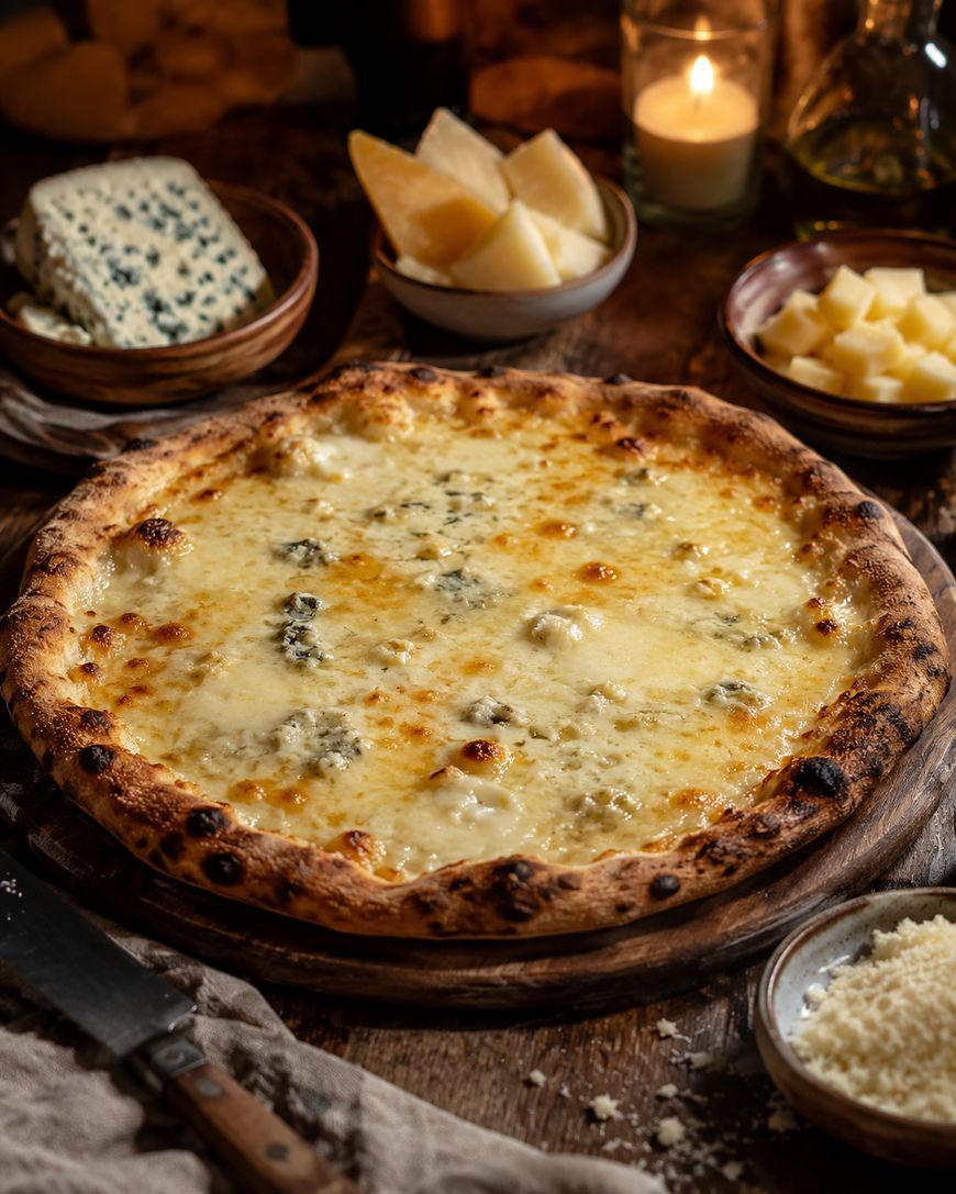 A freshly baked four cheese pizza on a wooden board, surrounded by bowls of different cheeses, a lit candle, and a bottle of olive oil on a rustic wooden table.