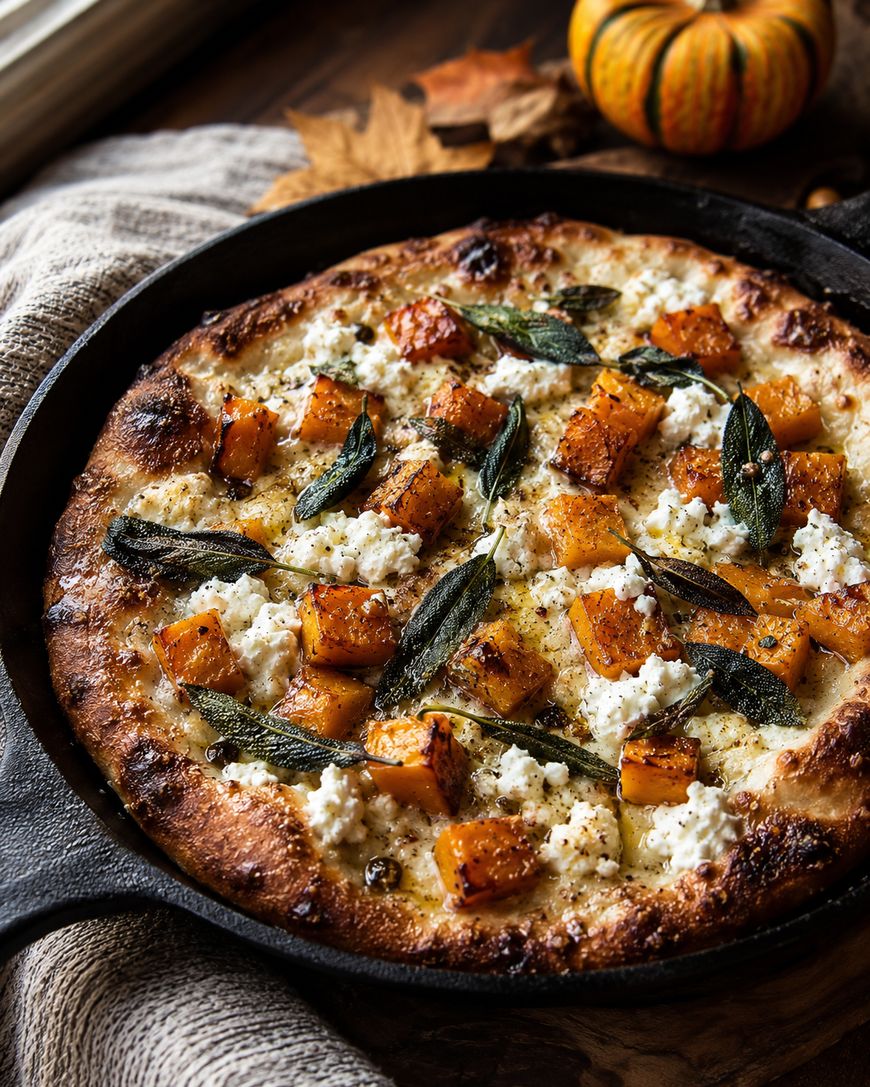 A cast iron skillet holds a baked pizza topped with roasted butternut squash, crumbled cheese, and fresh sage leaves. The setting includes a rustic cloth and a small decorative pumpkin in the background.