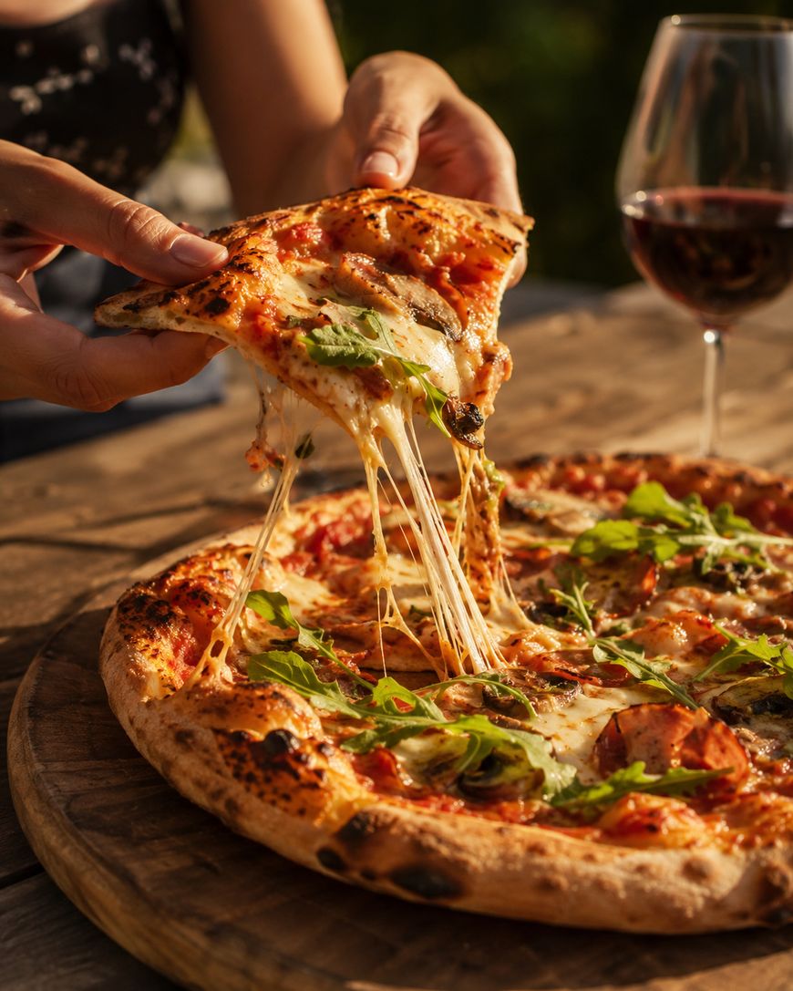 A person lifts a cheesy slice of pizza topped with arugula and vegetables from a whole pizza on a wooden board, with a glass of red wine nearby.