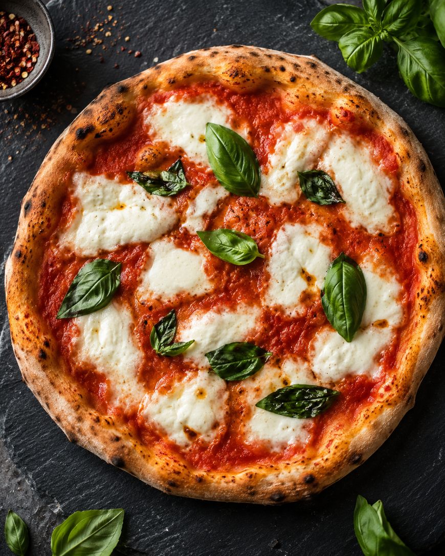 A Margherita pizza topped with melted mozzarella cheese, fresh basil leaves, and tomato sauce, sitting on a dark stone surface with basil and red pepper flakes nearby.