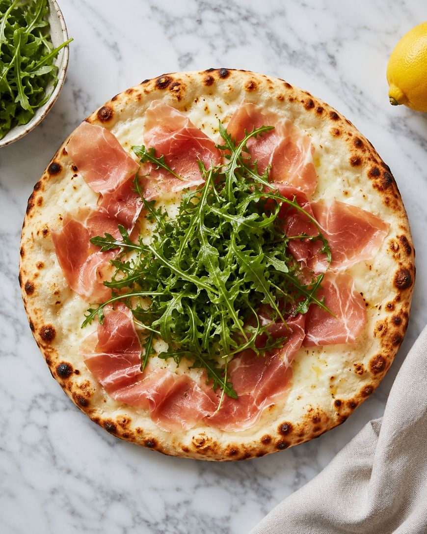 A baked pizza topped with slices of prosciutto and fresh arugula sits on a marble surface. A bowl of arugula and a lemon are nearby, along with a beige cloth.
