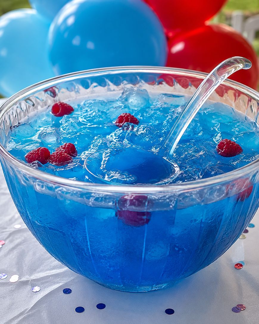 A glass punch bowl filled with bright blue punch, ice cubes, and floating raspberries. A ladle rests inside the bowl. Red and blue balloons are in the background, and confetti decorates the white tablecloth.