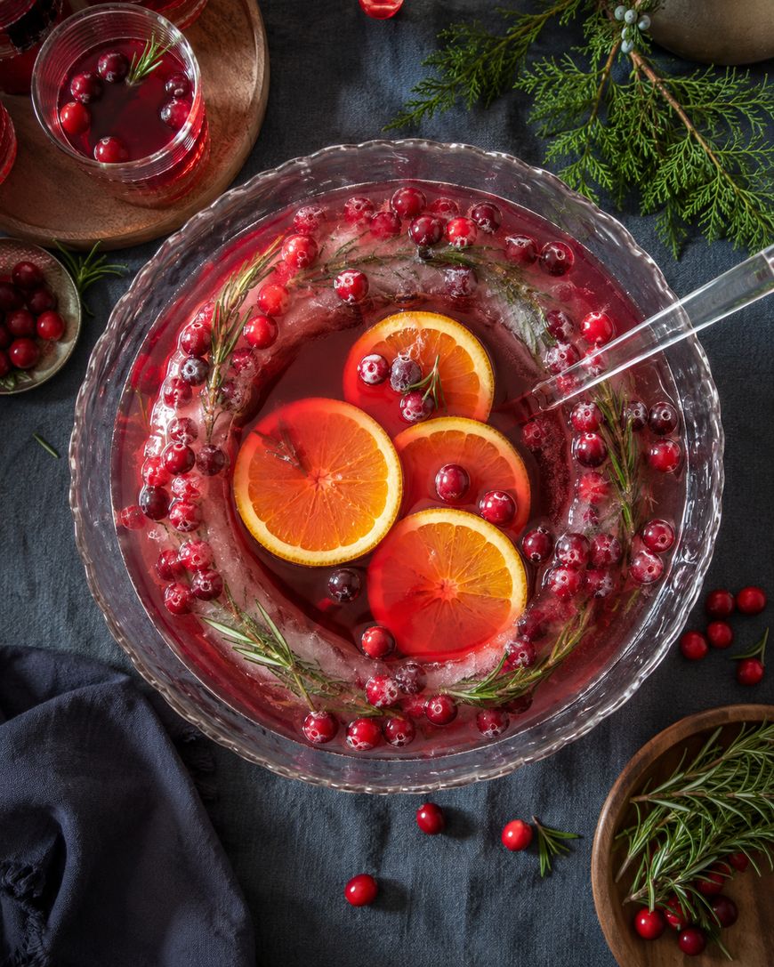 A glass bowl of festive punch garnished with orange slices, cranberries, and rosemary sprigs, with a large ice ring containing cranberries and rosemary. A glass ladle rests inside the bowl. Other cranberries and greenery surround the bowl.