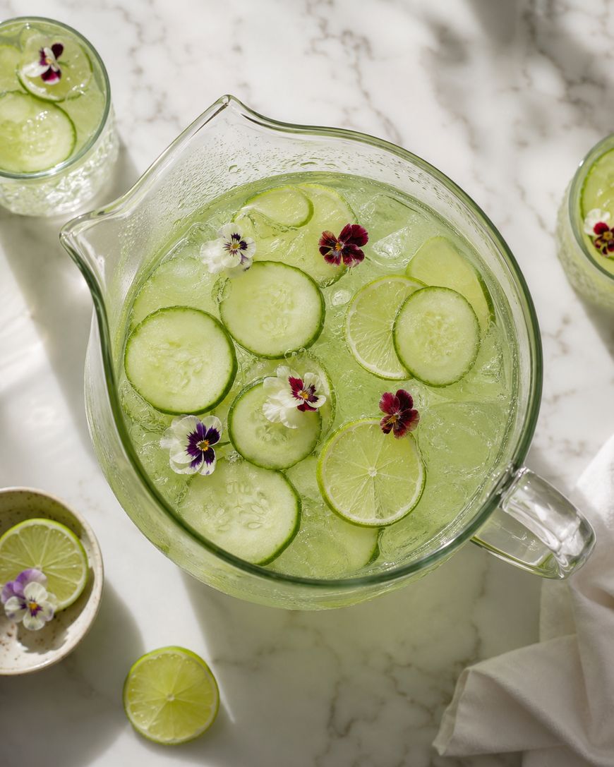 A glass pitcher of refreshing cucumber and lime water with ice, garnished with edible flowers. Sliced cucumbers and limes float on top. A glass of the drink and a bowl with more slices are nearby on a marble surface.