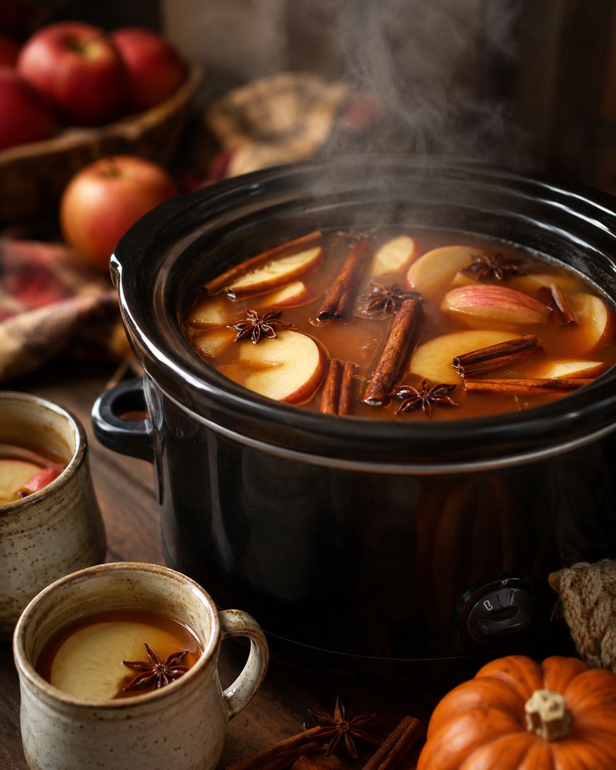 A steaming slow cooker filled with apple slices, cinnamon sticks, and star anise sits on a wooden table, surrounded by fresh apples, two mugs of spiced cider, and a small pumpkin.