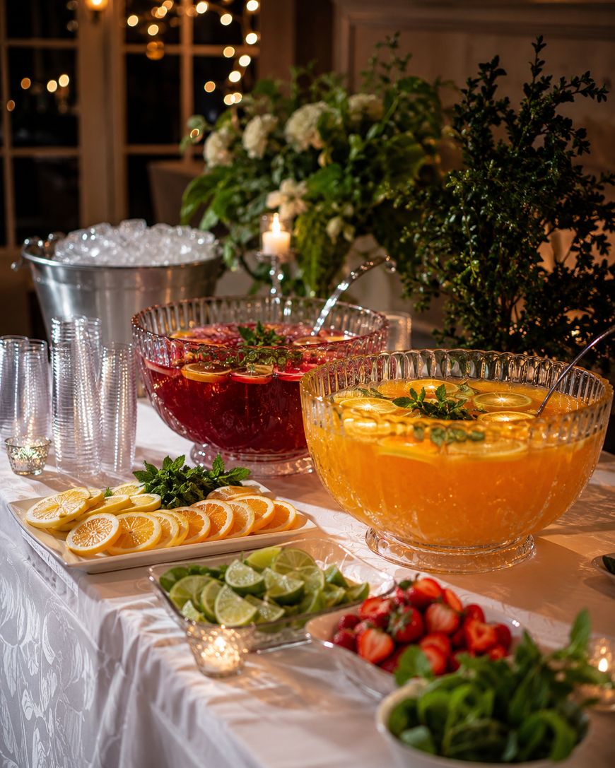 A table set for a party with two large punch bowls, one red and one orange, garnished with citrus slices and mint. Surrounding the bowls are sliced lemons, limes, strawberries, plastic cups, ice, and greenery.
