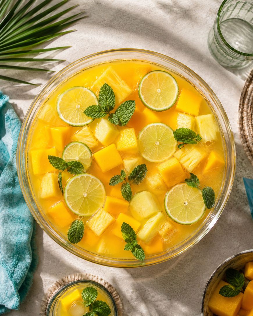 A glass bowl filled with a yellow fruit punch containing ice, mango and pineapple cubes, lime slices, and fresh mint leaves, set on a light surface with a green leaf, blue towel, and glasses nearby.