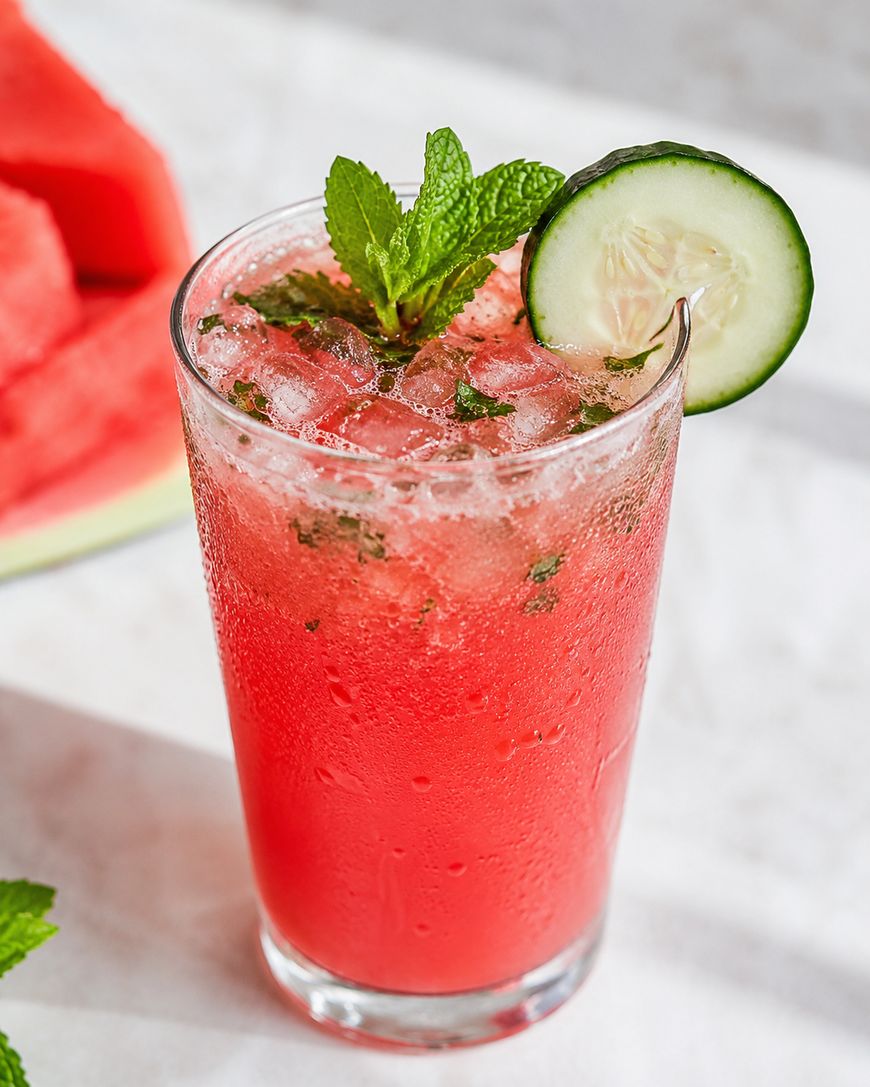 A tall glass filled with a bright red, crushed-ice watermelon drink, garnished with a sprig of fresh mint and a cucumber slice, sits on a light surface. A slice of watermelon is blurred in the background.