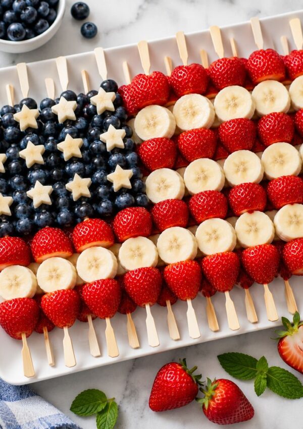Fruit skewers arranged in the shape of an American flag make festive Red White and Blue Desserts, featuring blueberries, star-shaped banana slices, strawberries, and banana rows—a crowd-pleasing patriotic dessert idea for any celebration.