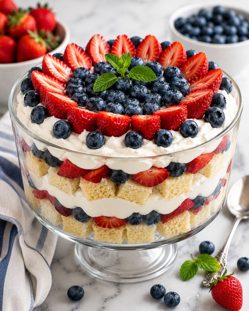 A layered trifle dessert in a glass bowl, featuring cubes of sponge cake, whipped cream, and alternating layers of fresh strawberries and blueberries, topped with more berries and a sprig of mint. Bowls of berries are in the background.