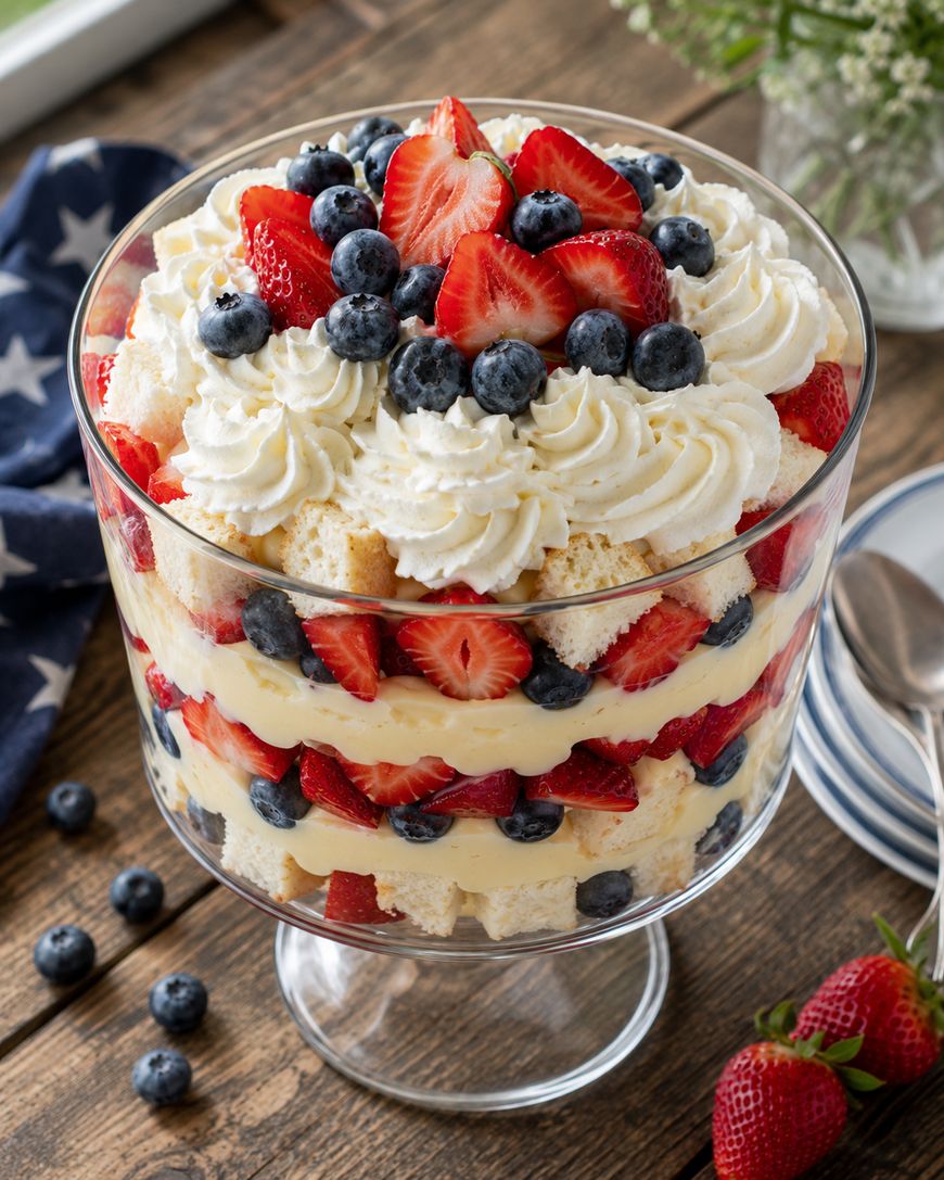 A layered trifle dessert in a glass bowl, featuring sponge cake cubes, vanilla custard, whipped cream, and fresh strawberries and blueberries, garnished with piped whipped cream and berries on top.
