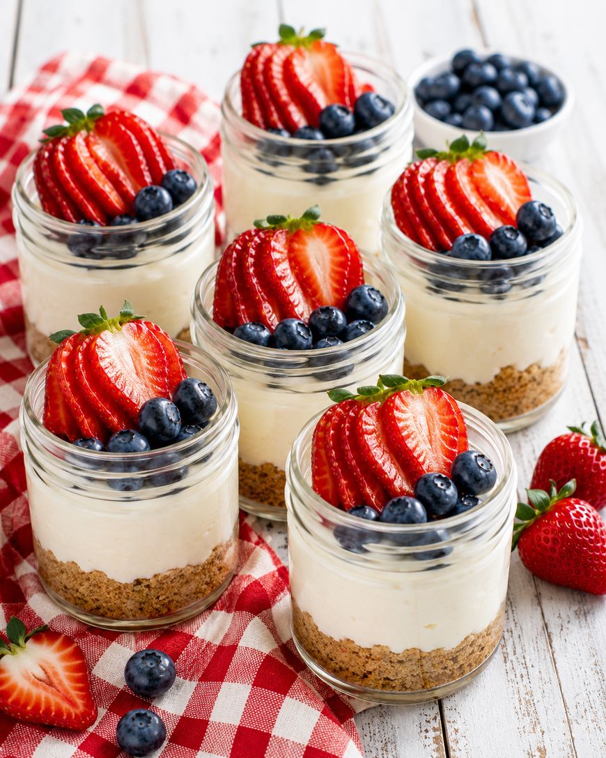 Six small glass jars filled with layered cheesecake, topped with sliced strawberries and blueberries, are arranged on a white wooden surface with a red plaid cloth and fresh strawberries nearby.