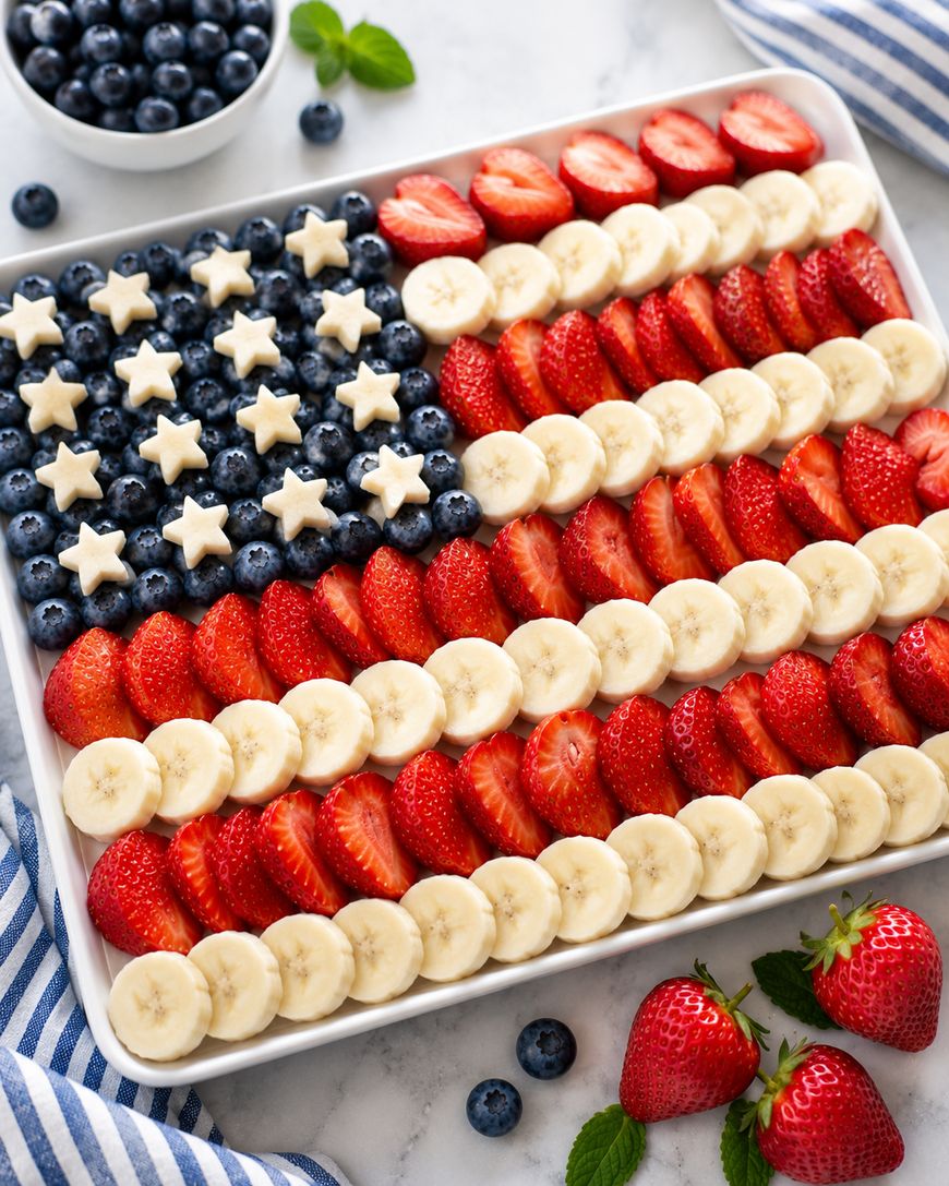 A rectangular tray decorated like the American flag with rows of strawberries and banana slices as stripes, and blueberries with star-shaped banana pieces as the stars section. A bowl of blueberries and strawberries is nearby.