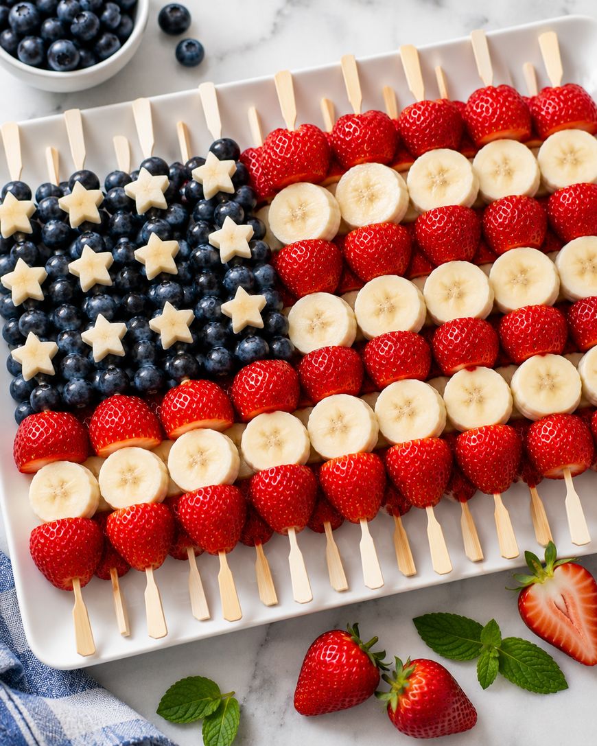A platter of fruit skewers arranged like the American flag, with blueberries and star-shaped banana slices on the left, and alternating rows of bananas and strawberries on the right. A bowl of blueberries sits nearby.