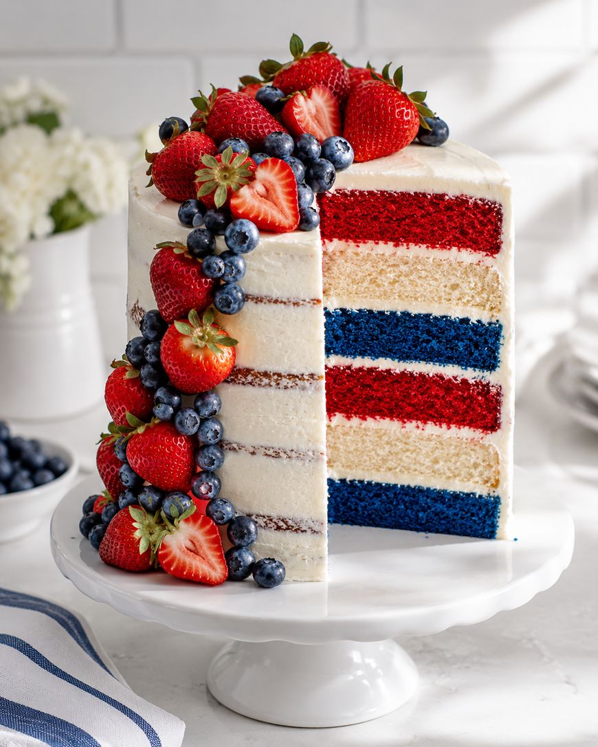 A tall layer cake with red, white, and blue layers, frosted with white icing and decorated with fresh strawberries and blueberries, sits on a white cake stand. A slice has been cut to show the colorful layers.