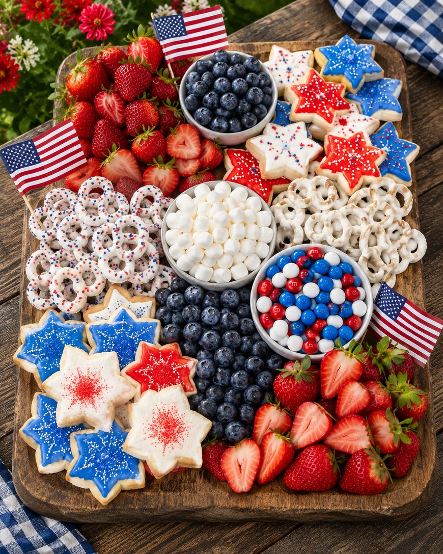 A wooden platter with star-shaped red, white, and blue cookies, strawberries, blueberries, white pretzels, marshmallows, red, white and blue candies, small U.S. flags, and a checkered napkin in the corner.