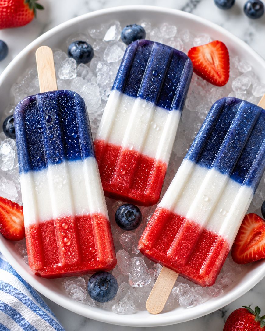 Three red, white, and blue popsicles on a plate of ice, surrounded by fresh strawberries and blueberries. The colors are layered to resemble the American flag.