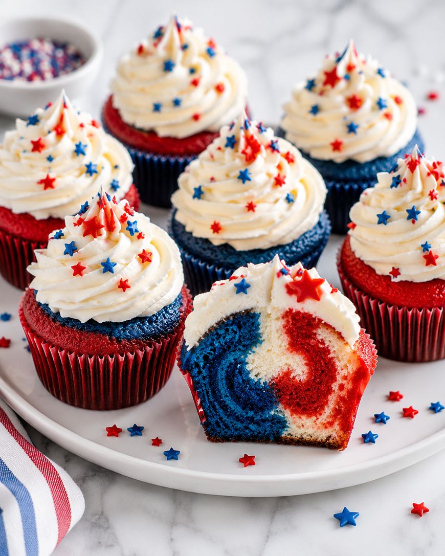 Red, white, and blue frosted cupcakes with star-shaped sprinkles are arranged on a white plate; one cupcake is cut open, showing a swirled red, white, and blue pattern inside.
