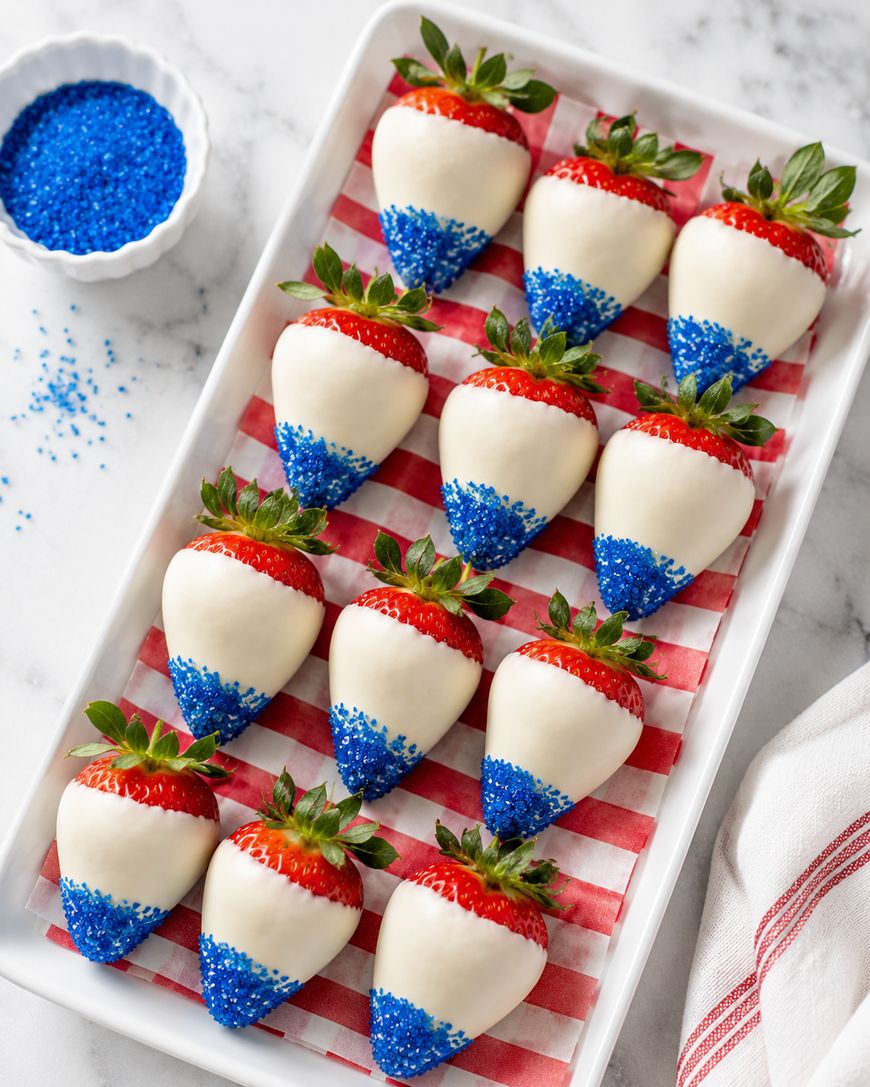 A tray of strawberries dipped in white chocolate and blue sprinkles, arranged in rows on red and white striped paper. A small bowl of blue sprinkles sits nearby on a marble surface.