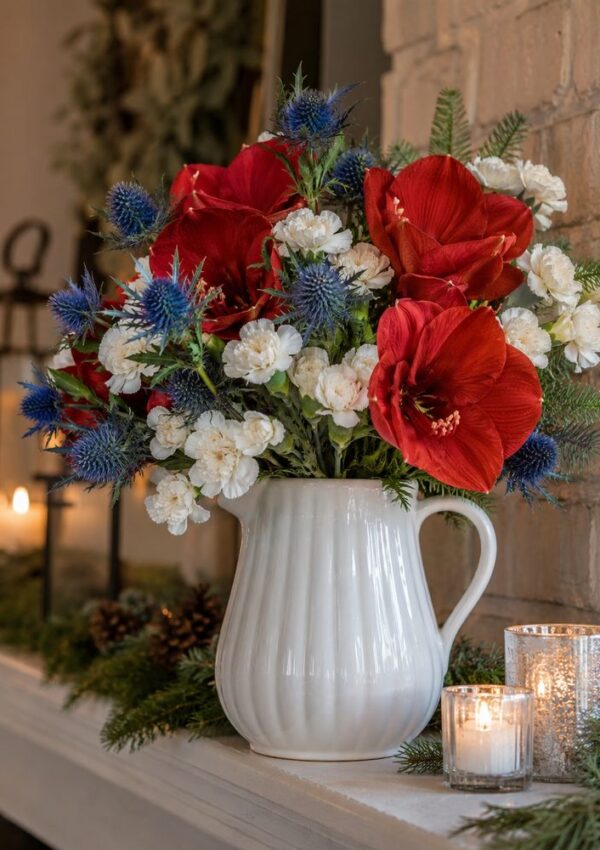 A white ceramic pitcher holds a striking red, white and blue flower arrangement with amaryllis, white blooms, and thistles, set on a mantle adorned with greenery, pinecones, candles, and backed by a rustic brick wall.